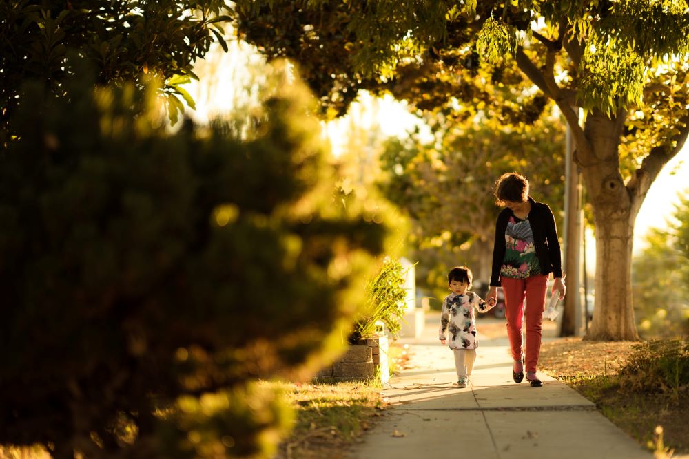 Woman and young boy hold hands and walk along sidewalk surrounded by trees.