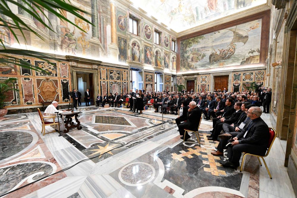 Pope Francis responds to questions from rectors of public and private universities from Latin America and the Caribbean at the Vatican Sept. 21, 2023. The pope told the group his new document on the environment would be titled "Laudate Deum" (Praise God). (CNS photo/Vatican Media)