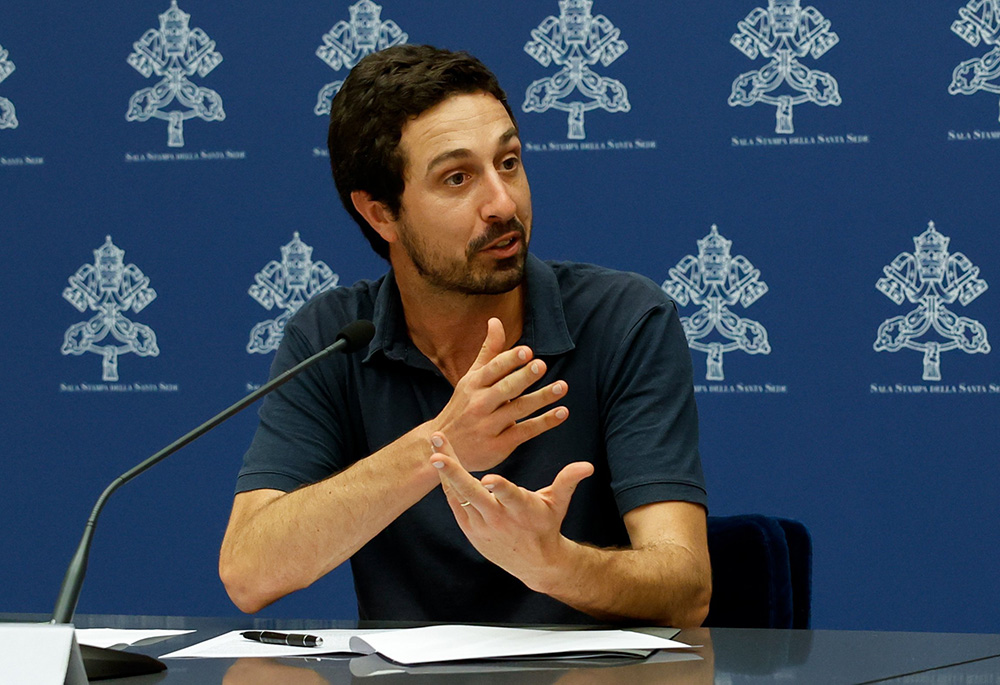 Tomás Insua, then-executive director of the Laudato Si' Movement, gestures during a news conference May 25 at the Vatican to present Pope Francis' message for the World Day of Prayer for the Care of Creation. (CNS/Lola Gomez)