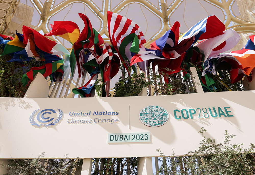 Flags can be see inside the dome during COP28, the U.N. climate change conference, at Expo City Dubai Nov. 30 in Dubai, United Arab Emirates. (CNS/Courtesy of UN Climate Change COP28/Christophe Viseux)
