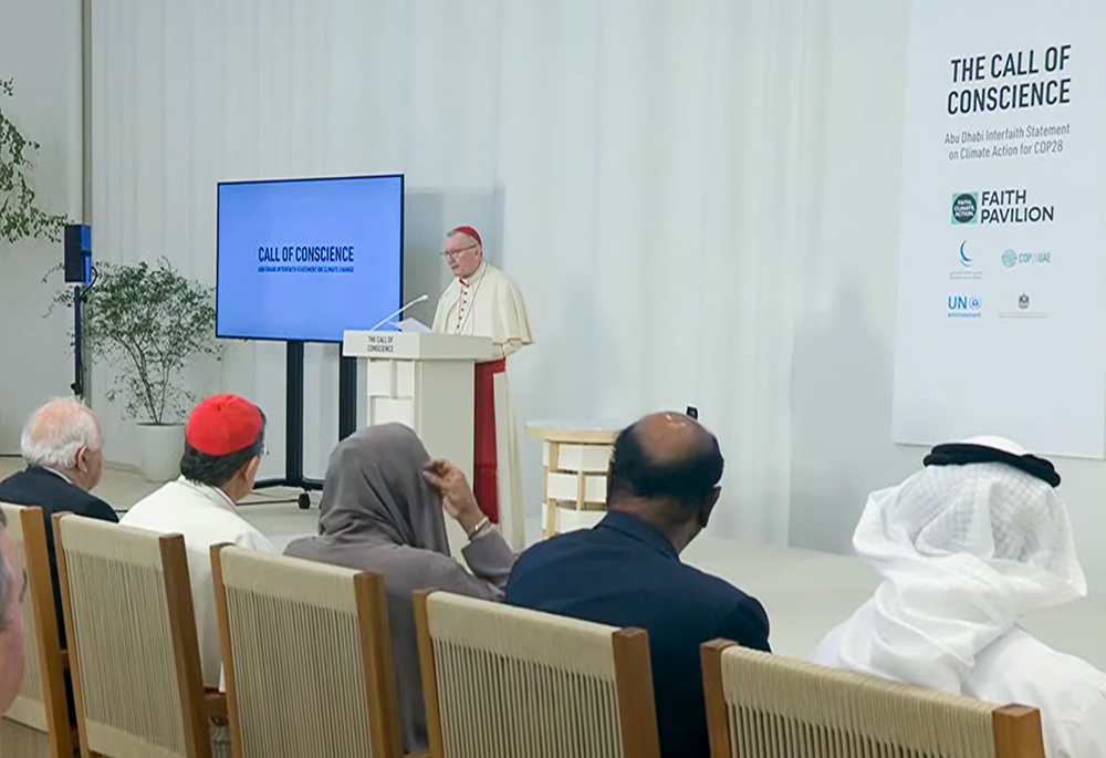 Cardinal Pietro Parolin, Vatican secretary of state, is seen in this screen grab reading Pope Francis' speech for the inauguration of the Faith Pavilion at COP28, the U.N. climate change conference, Dec. 3 in Dubai, United Arab Emirates. (CNS/screen grab, YouTube/COP28 UAE Official)