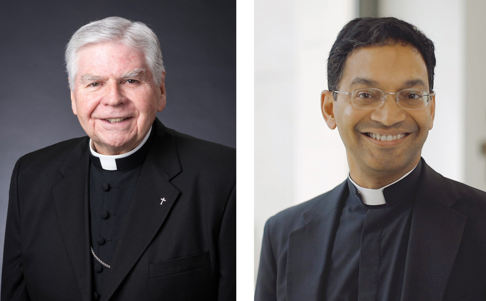 A photo of a white older man in a clerical collar is next to a photo of a brown man wearing glasses in a clerical collar
