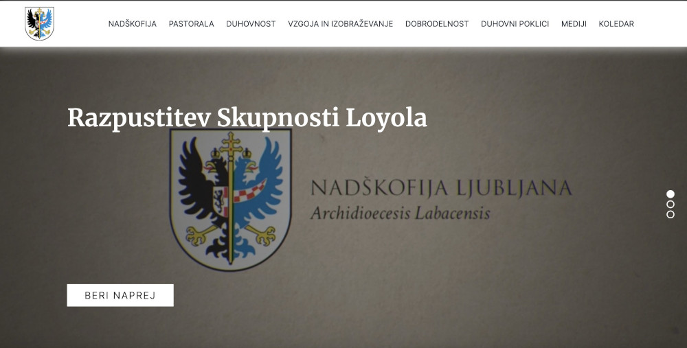 A website is visible with a crest and the words "Razpustitev Skupnosti Loyola"