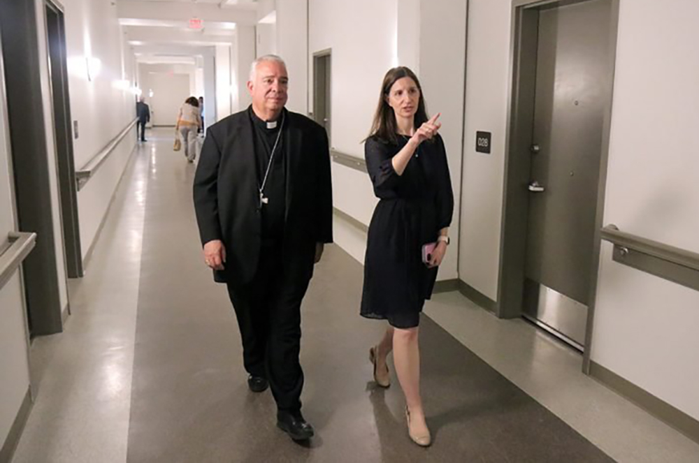 Heather Huot, who in January 2024 will become the first woman to head the Archdiocese of Philadelphia's human services secretariat, leads Archbishop Nelson Pérez on a tour of St. Joseph's Place, an affordable senior housing complex in Collingdale, Pennsylvania, May 22. (OSV News/Sarah Webb/Archdiocese of Philadelphia)