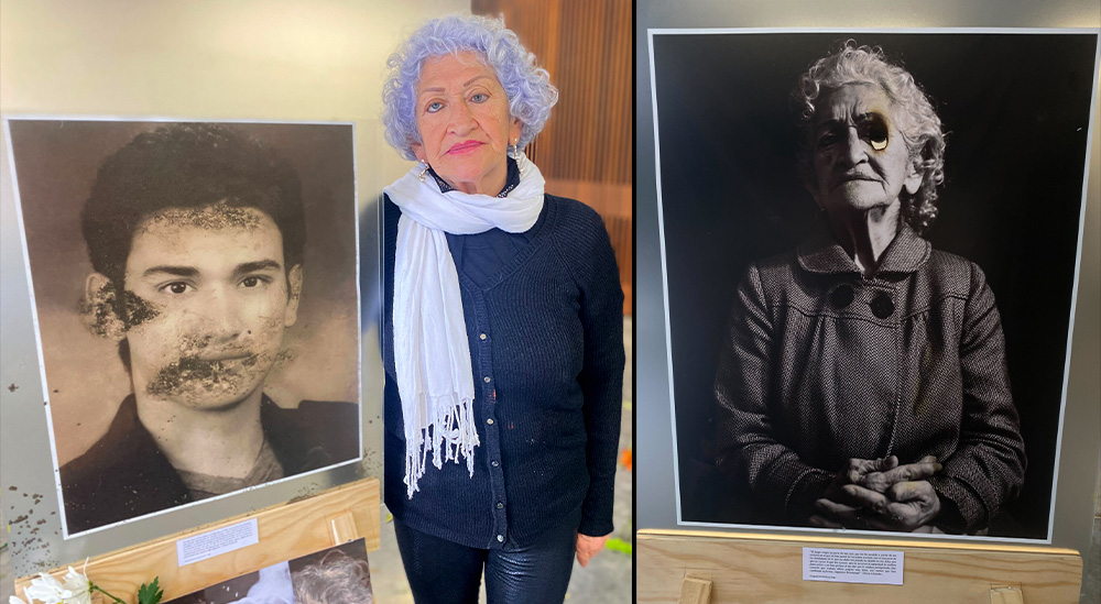 Gloria Alvarado posa durante una exhibición en el Centro de Memoria, Paz y Reconciliación en Bogotá, Colombia el 22 de noviembre de 2023.  A la izquierda, una fotografía de su hijo asesinado y acusado, sin pruebas, de ser terrorista. A la derecha, una fotografía suya intervenida artísticamente  en los ojos para representar —según explicó— que ella no pudo avizorar el peligro que corría su único hijo antes de ser asesinado y cuyo crimen sigue sin ser esclarecido. (Foto: GSR/Rhina Guidos)