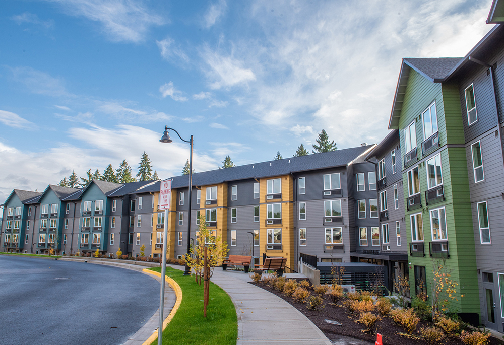 Good Shepherd Village, which opened Nov. 6 in the suburbs of Portland, has 142 units of affordable housing, including 58 units reserved for permanent supportive housing. With funding from a $652.8 million housing bond passed by Portland area voters in 2018, Catholic Charities of Oregon staff will provide supported residents with a range of services and case management. (Courtesy of Catholic Charities of Oregon)
