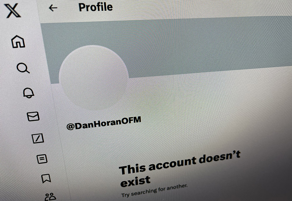The Twitter, or X, page for DanHoranOFM, saying, "This account doesn't exist," on Dec. 27, 2023. (NCR photo)