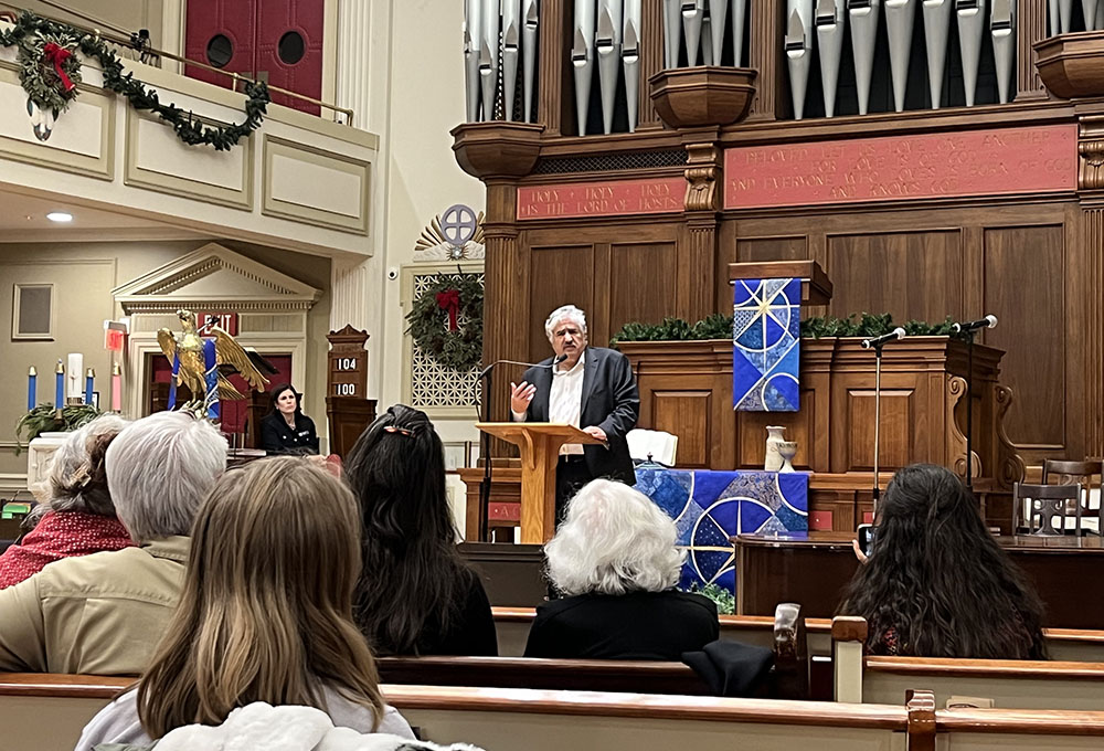 Jonathan Kuttab, a Palestinian Christian and human rights lawyer, speaks at a cease-fire service at New York Avenue Presbyterian Church in Washington, D.C., on Dec. 11. (NCR photo/Aleja Hertzler-McCain)