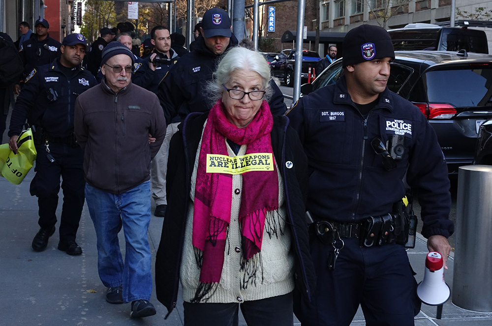 Martha Hennessy, a member of the New York Catholic worker and granddaughter of Dorothy Day, was one of 18 activists arrested after blocking the entrance to the United States Mission to the United Nations in New York City on Nov. 30. (Felton Davis)