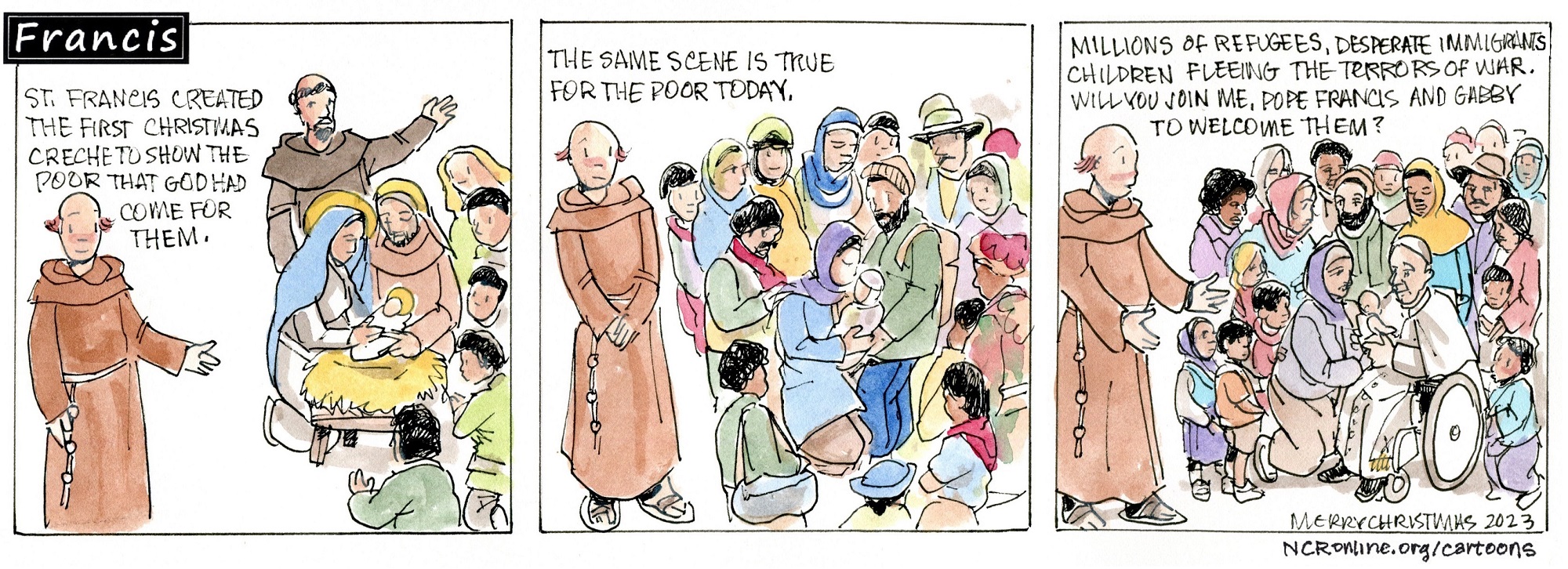 Francis, the comic strip: Brother Leo reminds us to welcome the stranger.