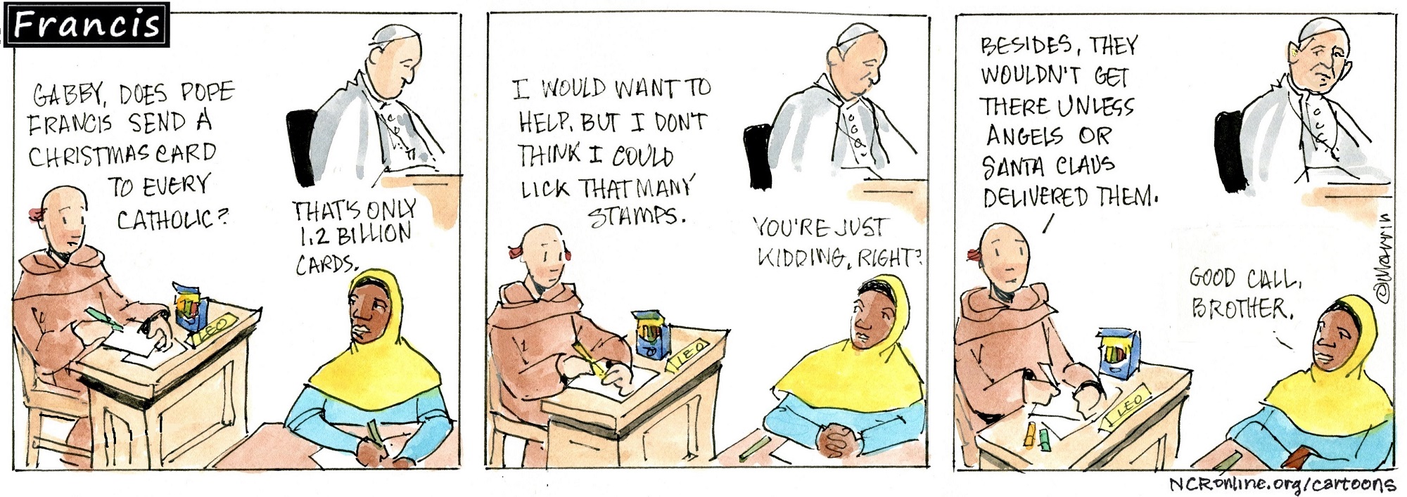 Francis, the comic strip: Gabby and Brother Leo consider the logistics of Christmas cards.