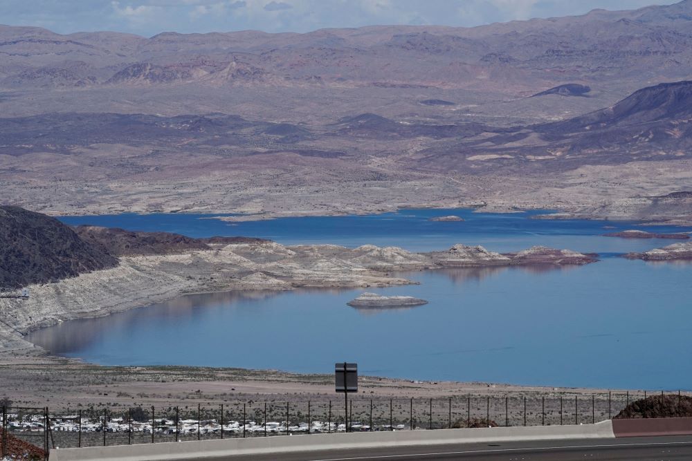 An elevated view shows the dramatic decline of water levels at Lake Mead near Boulder City, Nev., March 13, 2023. 