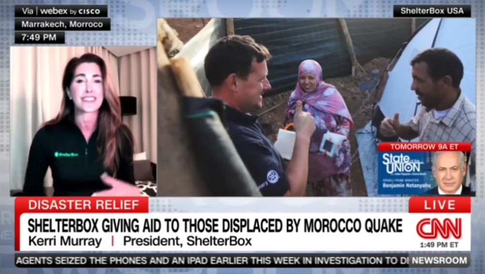 Kerri Murray, president of ShelterBox USA, appears on CNN in November for a story on ShelterBox's assistance following the Sept. 8 earthquake in Morocco. (Screenshot/CNN)