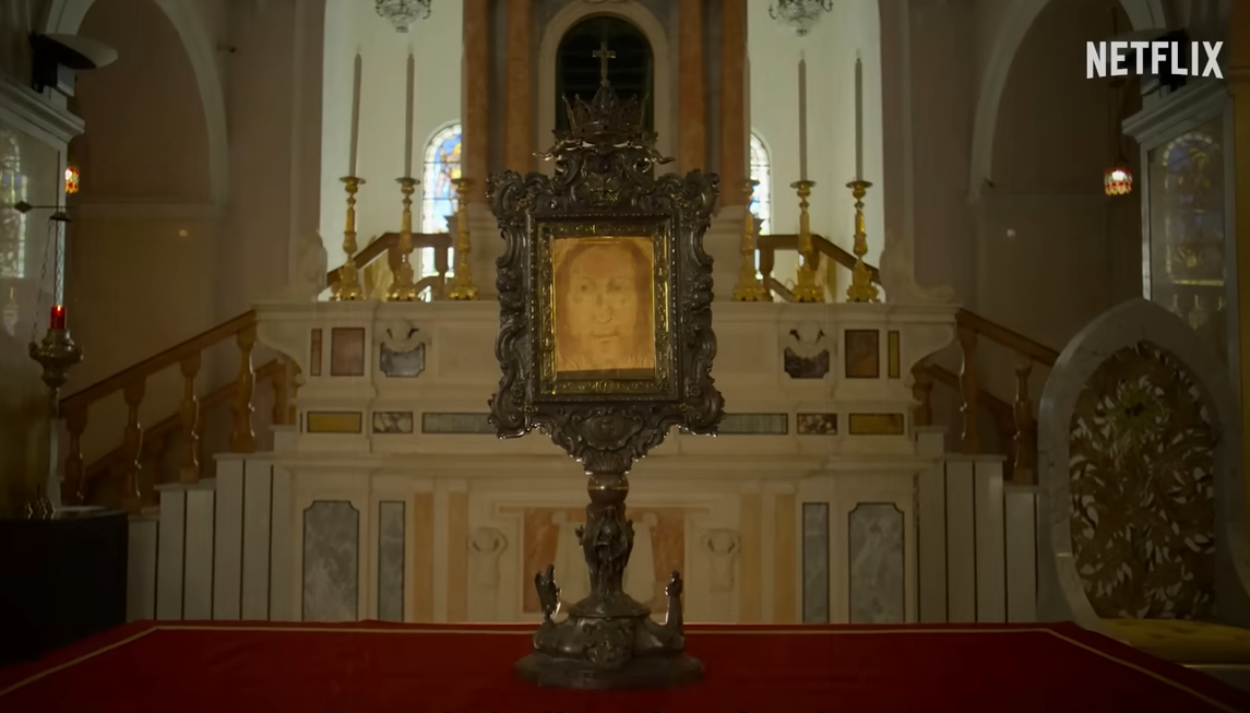 The relic known as the Holy Face is seen in an image from the Netflix series "Mysteries of the Faith." 