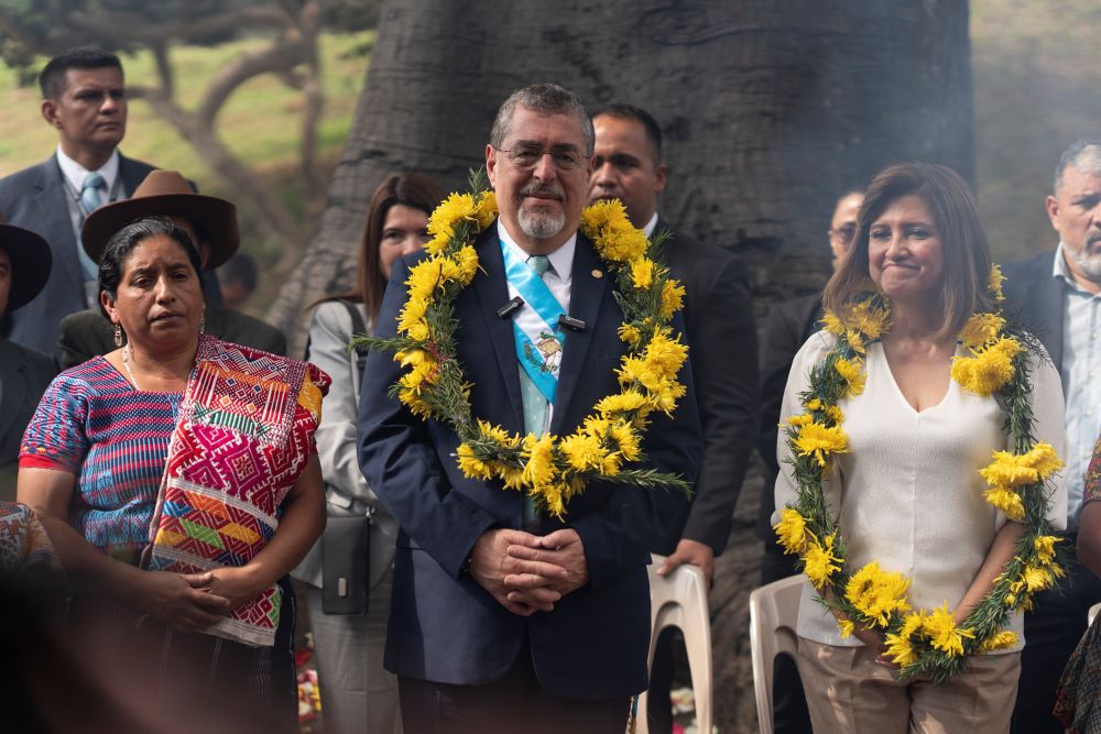 Guatemalan President Bernardo Arévalo, center, and Vice President Karin Herrera, right, attend an Indigenous ceremony held in their honor at the sacred Mayan site of Kaminaljuyu in Guatemala City,  Jan. 16 the day after they were inaugurated.