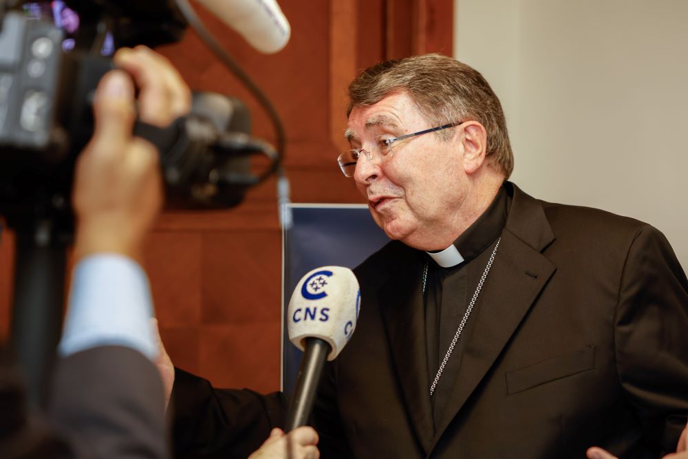 Then Cardinal-designate Christophe Pierre, nuncio to the United States since 2016, talks with a CNS reporter at the Vatican. Sept. 29. He was elevated to cardinal the next day. (CNS/Lola Gomez)