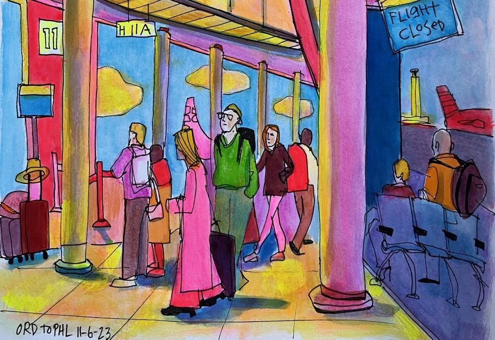 Colorful illustration of people walking in airport. Large windows are behind them.