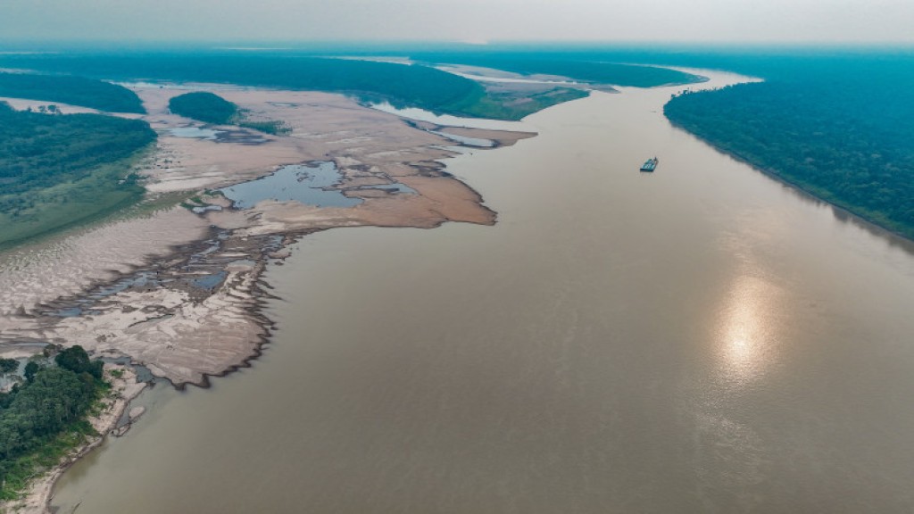 This undated photo shows an aerial view of River Madeira with a very low water level during the worst point of the 2023 drought. 