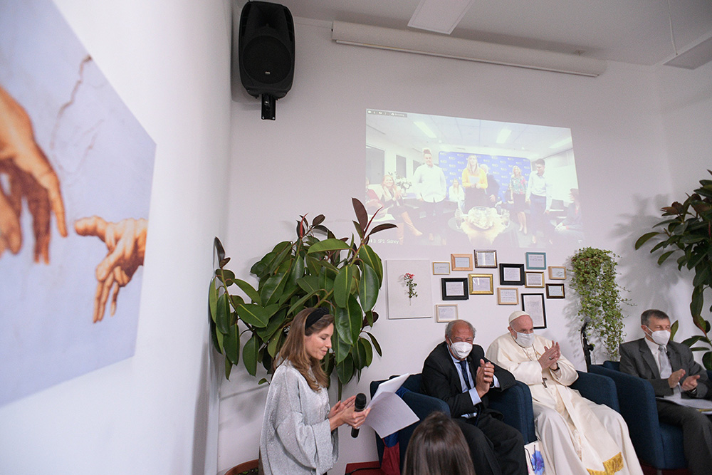 Pope Francis leads a meeting at the Scholas Occurrentes headquarters in Rome May 20, 2021. The pope was joined by video with Cardinal Wilton Gregory of Washington and students at Archbishop Carroll High School in the Archdiocese of Washington to announce the launch of a new Scholas Occurrentes chapter in the District of Columbia. (CNS/Vatican Media)