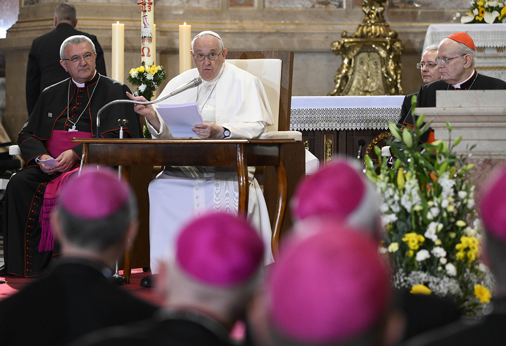 Pope Francis speaks during a meeting with Hungarian bishops, priests, religious and seminarians in the Basilica of St. Stephen April 28, 2023, in Budapest. (CNS/Vatican Media)