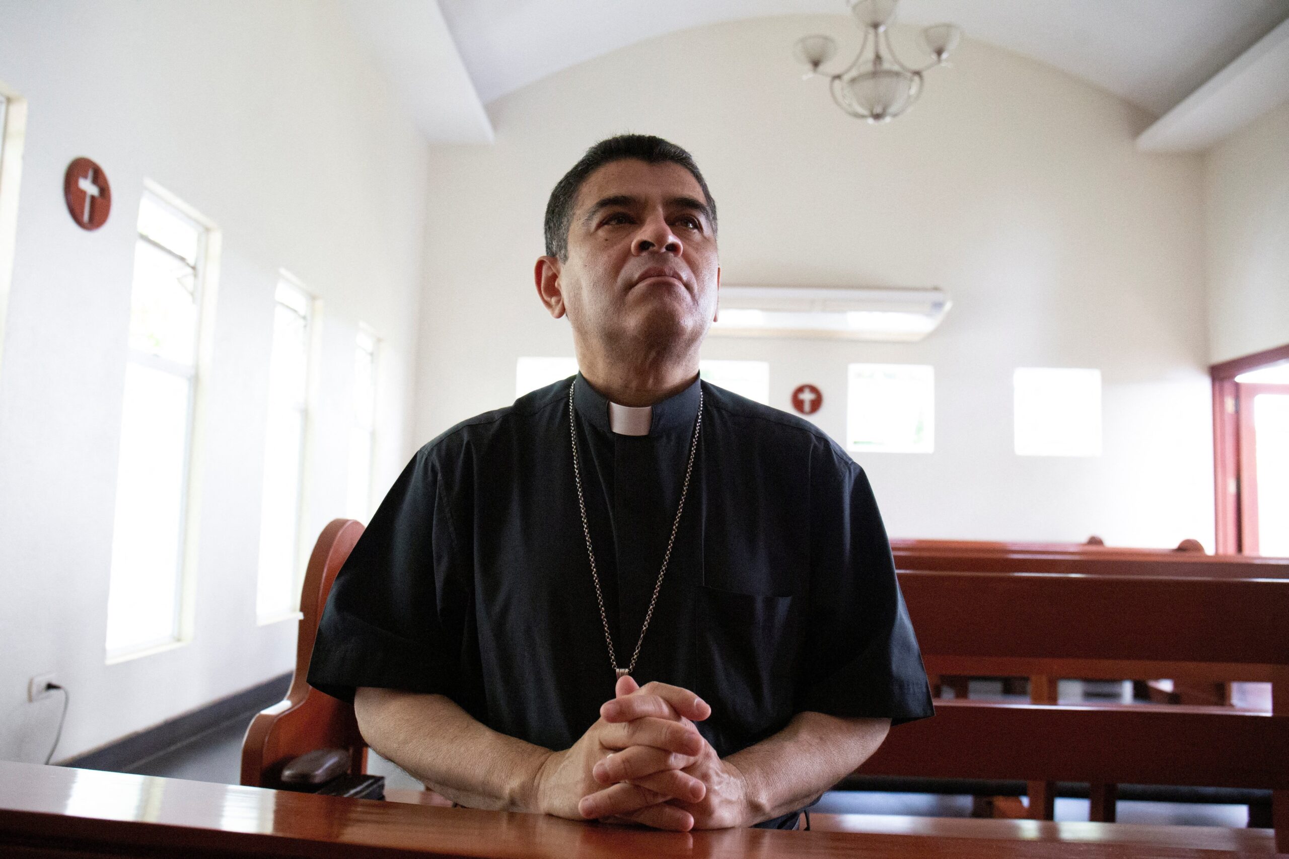 Bishop Rolando Álvarez of Matagalpa, Nicaragua, a frequent critic of Nicaraguan President Daniel Ortega, prays at a Catholic church in Managua May 20, 2022. After spending over 500 days in jail, the Ortega regime released him and 18 other imprisoned clergymen Jan. 14, 2024, exiling them to Rome. (OSV News photo/Maynor Valenzuela, Reuters)