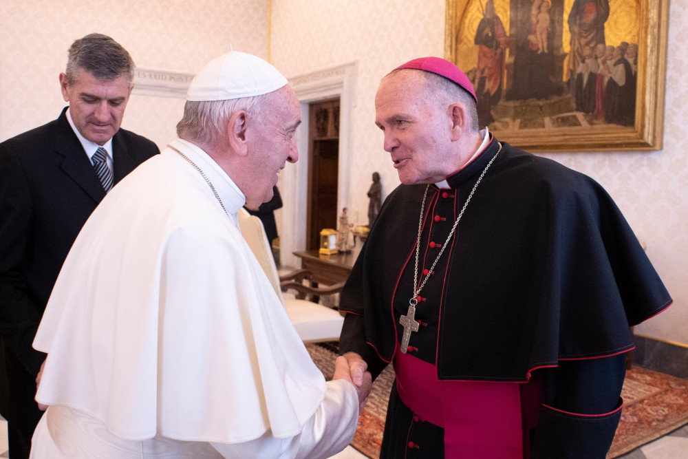 Pope Francis greets Bishop David O'Connell of Trenton, N.J., during a meeting with U.S. bishops from New Jersey and Pennsylvania in the Apostolic Palace at the Vatican Nov. 28, 2019. (OSV News photo/Vatican Media)