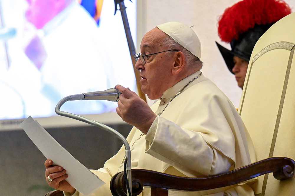 Pope Francis speaks to employees of the Italian bishops' TV and radio networks in the Paul VI Audience Hall at the Vatican Jan. 29, 2024. (CNS/Vatican Media)