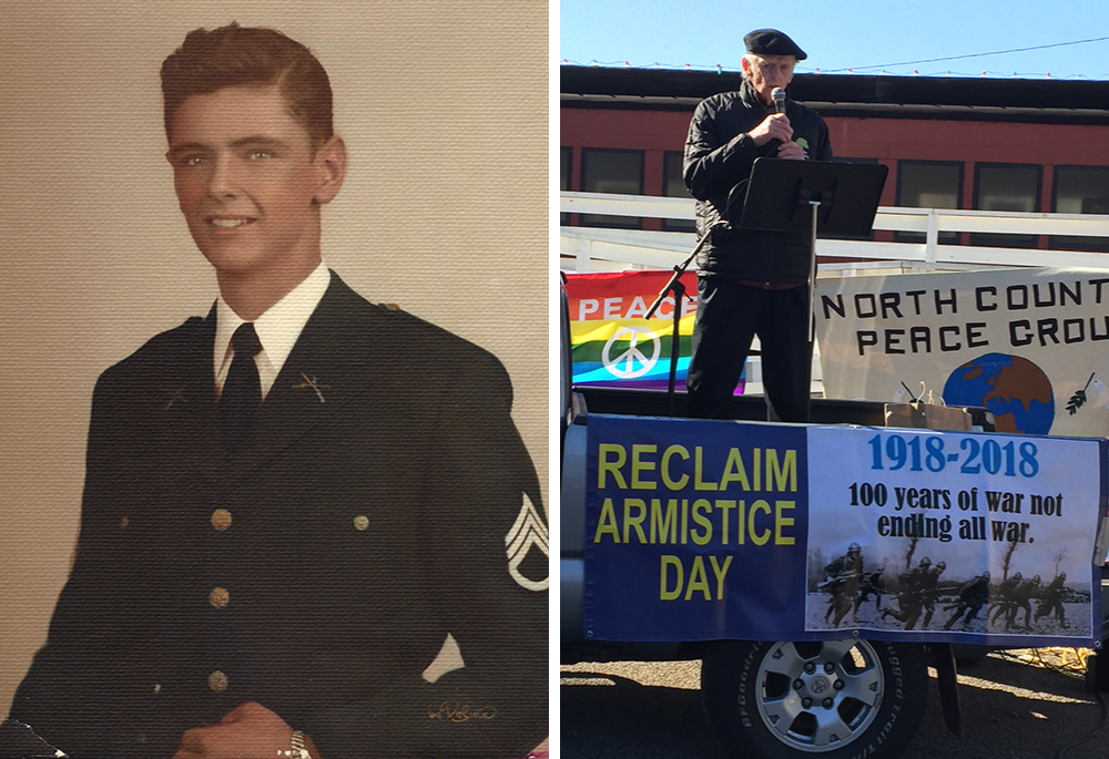 At left, Bill McNulty is pictured in a school portrait from St. Francis Xavier Military High School in New York City, where he was part of the ROTC program; in a 2018 photo (right), McNulty speaks at a gathering marking the 100th anniversary of Armistice Day, held in Port Jefferson, New York. (Courtesy of Bill McNulty and Myrna Gordon)