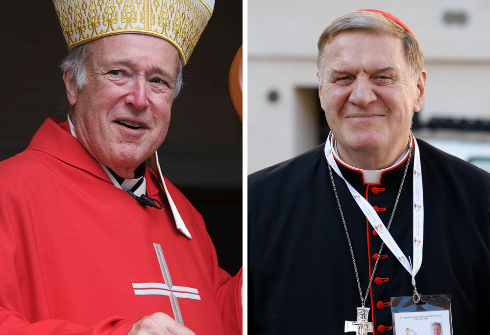 Cardinal Robert McElroy of San Diego, left, and Cardinal Joseph Tobin of Newark, New Jersey (CNS photos/David Maung, Lola Gomez)