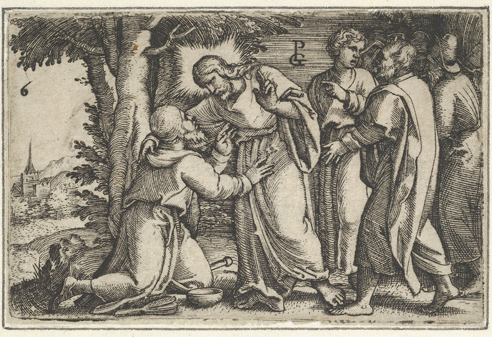 "Christ Healing the Leper," from the series "The Story of Christ," a 1534-35 engraving by Georg Pencz (Metropolitan Museum of Art)