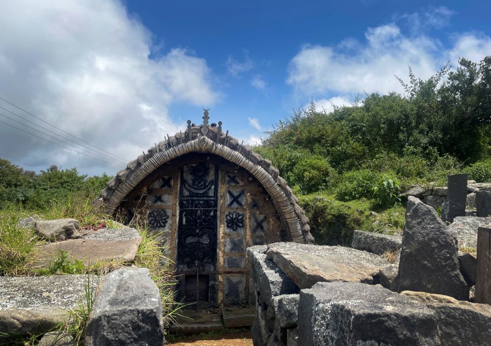 A temple constructed by the Indigenous Toda tribe in the Nilgiris Hills of southern India, on Aug. 31, 2023. This temple is located in the heart of a sacred grassland and Toda settlement known as Muttunad Mund near Kotagiri, India. (AP Photo/Deepa Bharath)