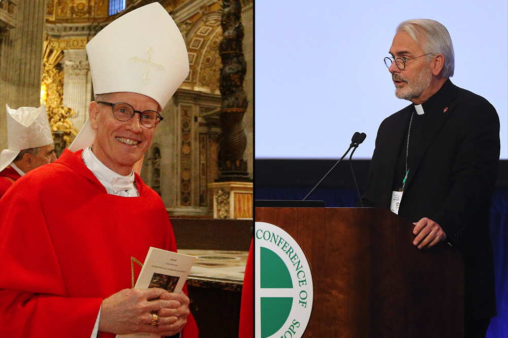 Left: Bishop David Konderla of Tulsa, Oklahoma, at the Vatican in January 2020 (CNS/Paul Haring). Right: Archbishop Paul Coakley of Oklahoma City speaks during the U.S. bishops' November 2023 general assembly in Baltimore (OSV News/Bob Roller).