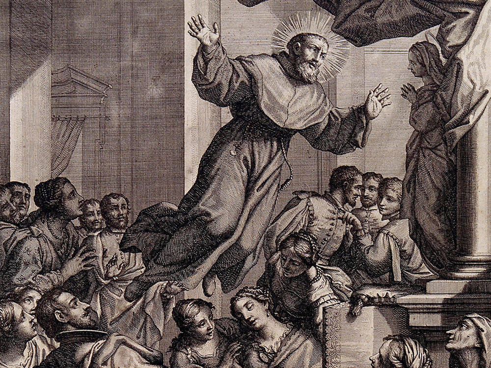 St. Joseph of Cupertino is depicted levitating in an 18th-century engraving by G.A. Lorenzini. (Wellcome Collection)