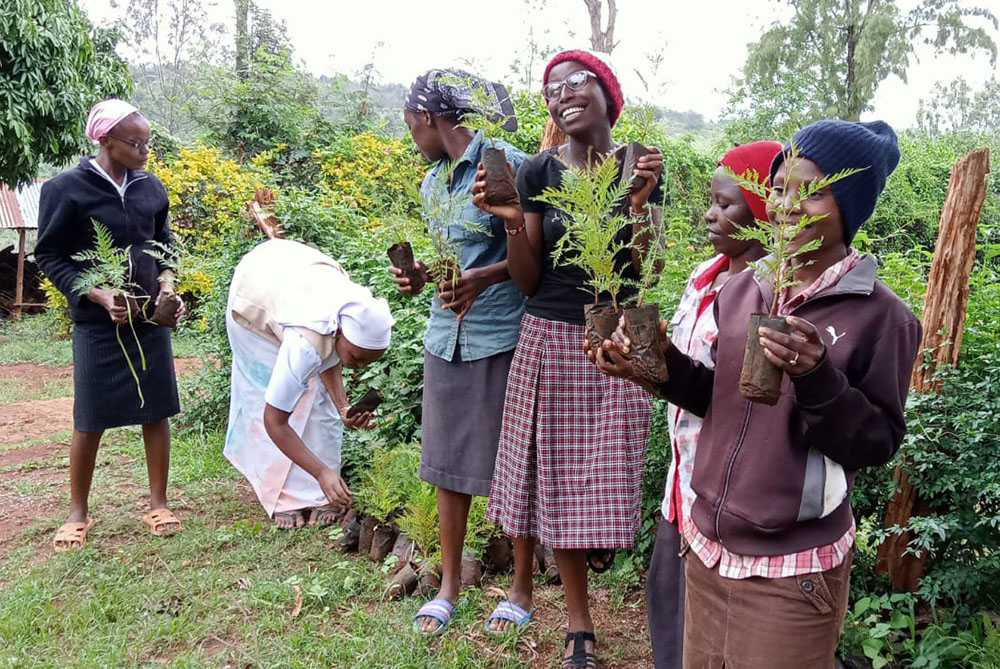 Sisters of St. Joseph of Tarbes and women in formation plant trees to mark Environment Day in Kenya on June 5, 2023. (Courtesy of Josephine Kwenga)