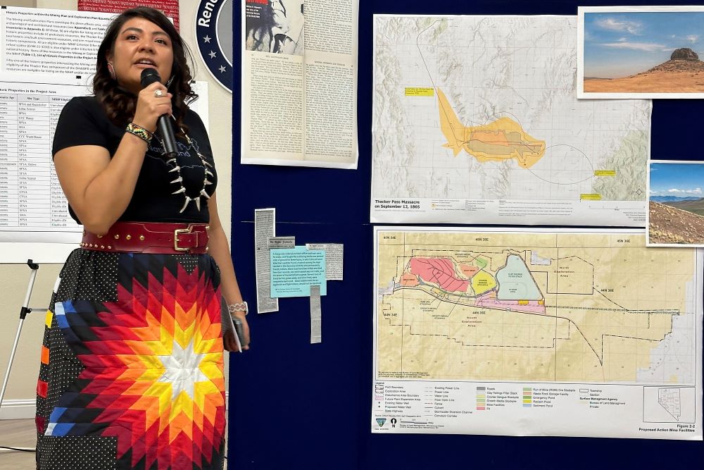 Bethany Sam, communications director for the Reno-Sparks Indian Colony, speaks during a news conference, Tuesday, Dec. 5, 2023 in Reno, Nevada.