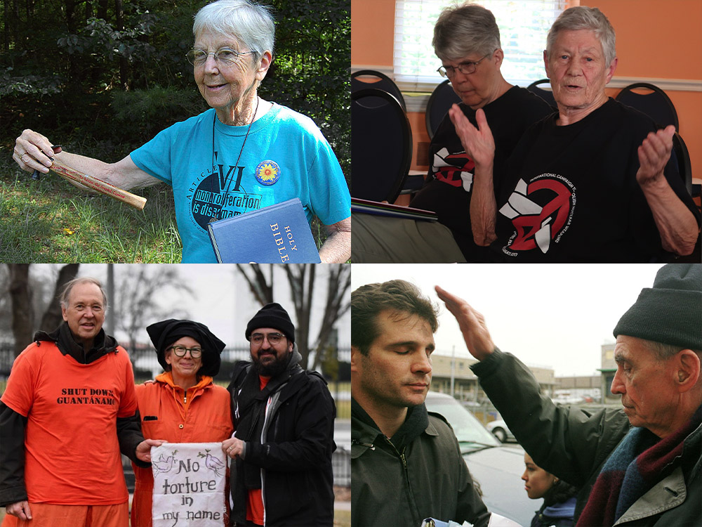 Top left: Holy Child Jesus Sr. Megan Rice (CNS/Transform Now Plowshares handout via Reuters) Top right: Dominican Srs. Carol Gilbert, left, and Ardeth Platte speak on the U.N. Treaty on the Prohibition of Nuclear Weapons in Camden, New Jersey, in 2019. (Claire Schaeffer-Duffy) Bottom left: Arthur Laffin, Frida Berrigan and Matt Daloisio in Lafayette Park in Washington, D.C., Jan. 11, 2023 (Courtesy of Frida Berrigan) Bottom right: Jesuit Fr. Daniel Berrigan (right) blesses Carmen Trotta