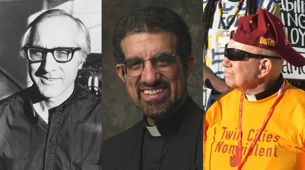 From left: Detroit Auxiliary Bishop Thomas Gumbleton in 1979 (NCR photo/Roger Catlin); Jesuit Fr. G. Simon Harak (Wikimedia Commons); Fr. Harry Bury in 2021 (CNS/Courtesy of Association of U.S. Catholic Priests)