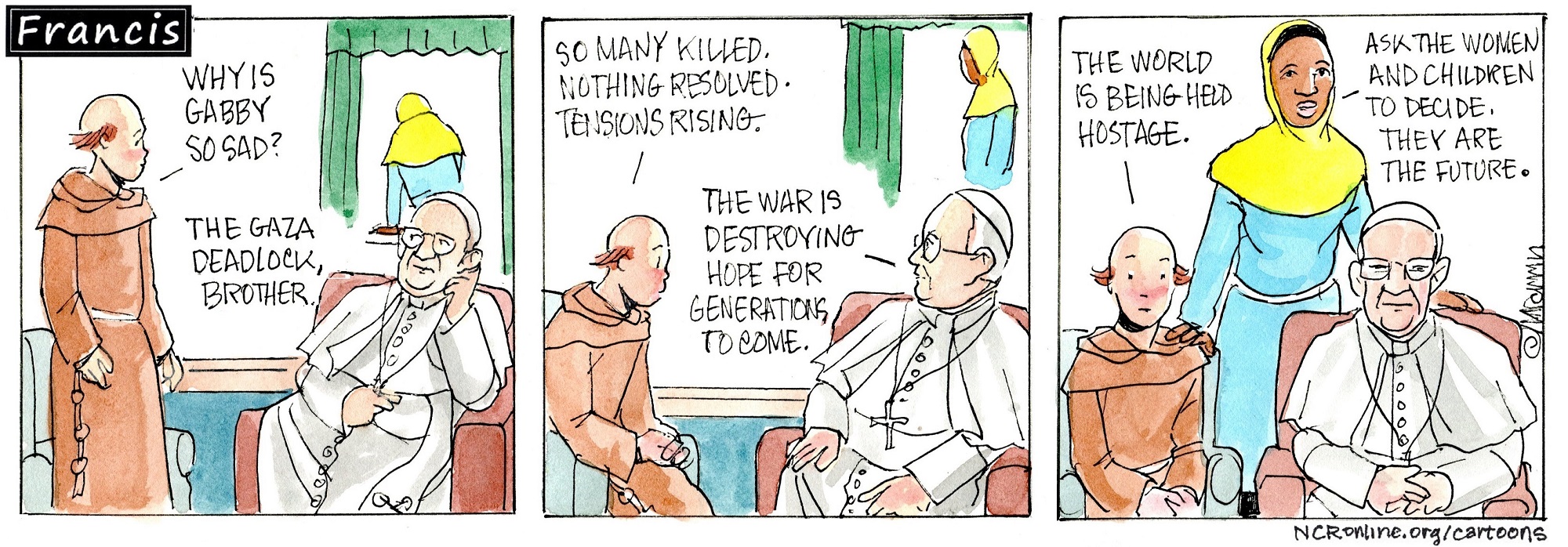 Francis, the comic strip: Brother Leo and Francis discuss the tension in Gaza.