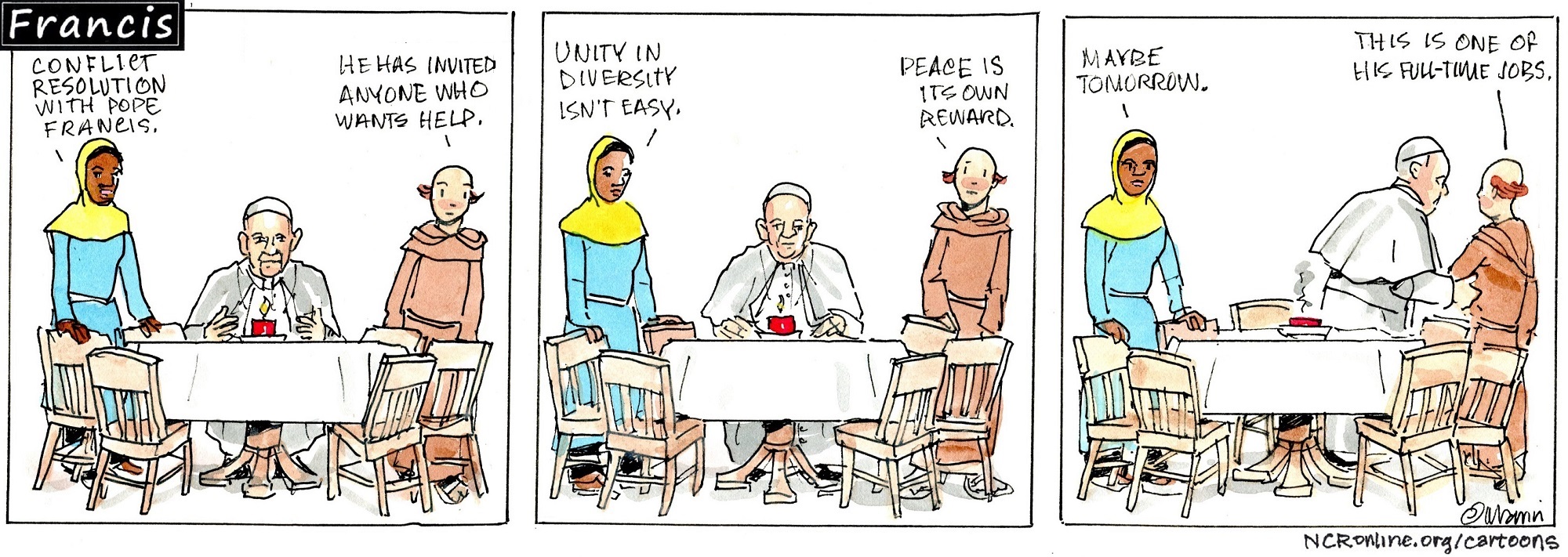 Francis, the comic strip: Conflict resolution isn't easy, but peace is the reward.