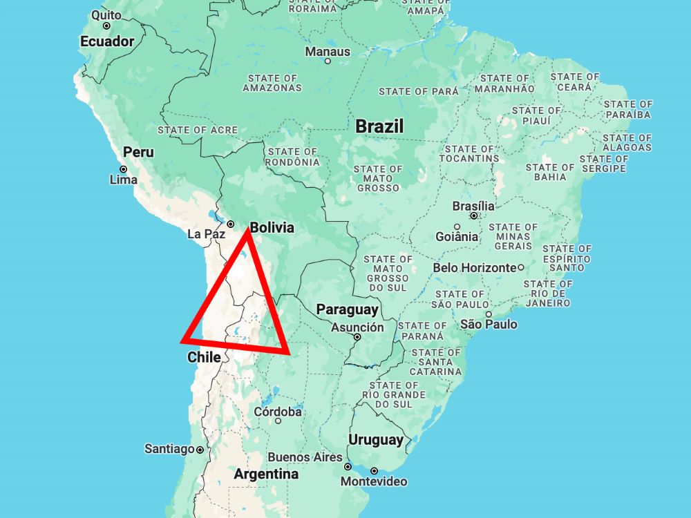 The Lithium Triangle in South America includes parts of Chile, Bolivia and Argentina. (Image courtesy of Google Maps)