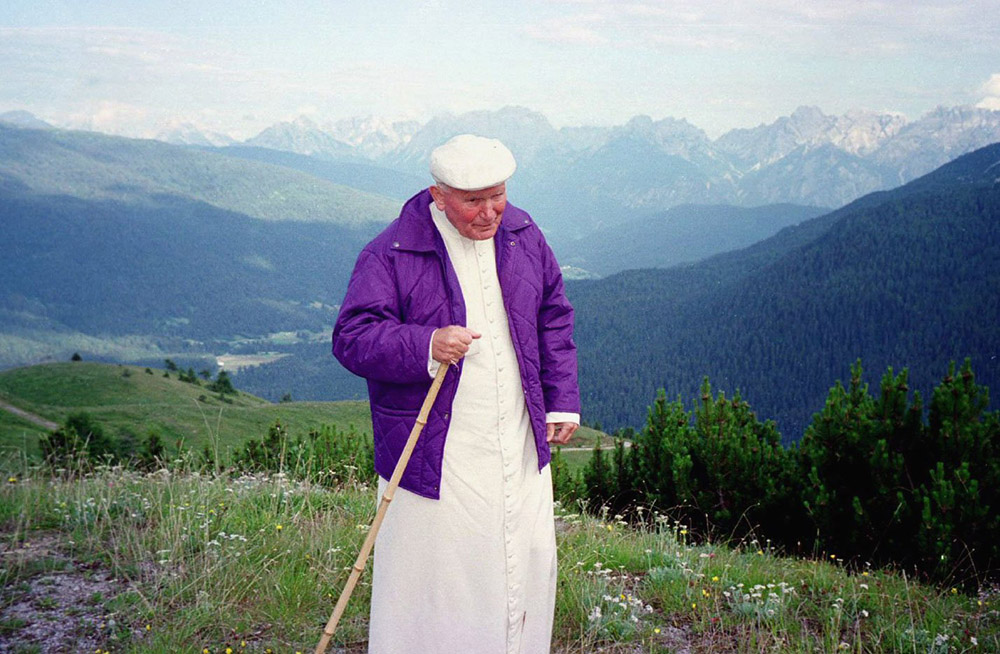 Pope John Paul II takes a walk in the Dolomite Alps in Northern Italy in July 1996. (CNS/Vatican)