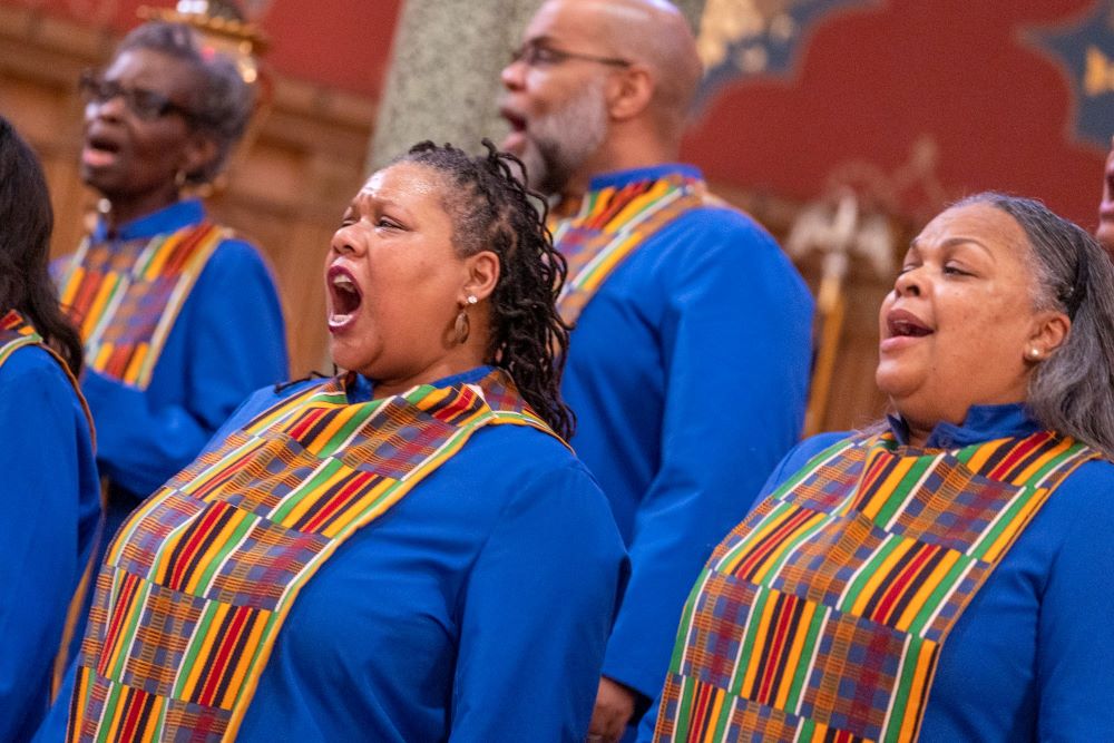 Members of the gospel choir of Holy Comforter-St. Cyprian Parish sing during the Feb. 5, 2023, Mass for Black History Month at Holy Comforter-St. Cyprian Church in Washington. 