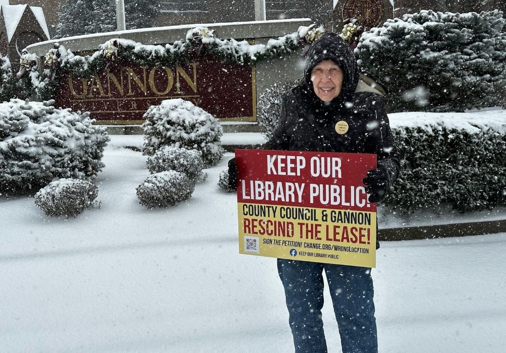 Doris Cipolla protests in January outside Gannon University in Erie, Pa.