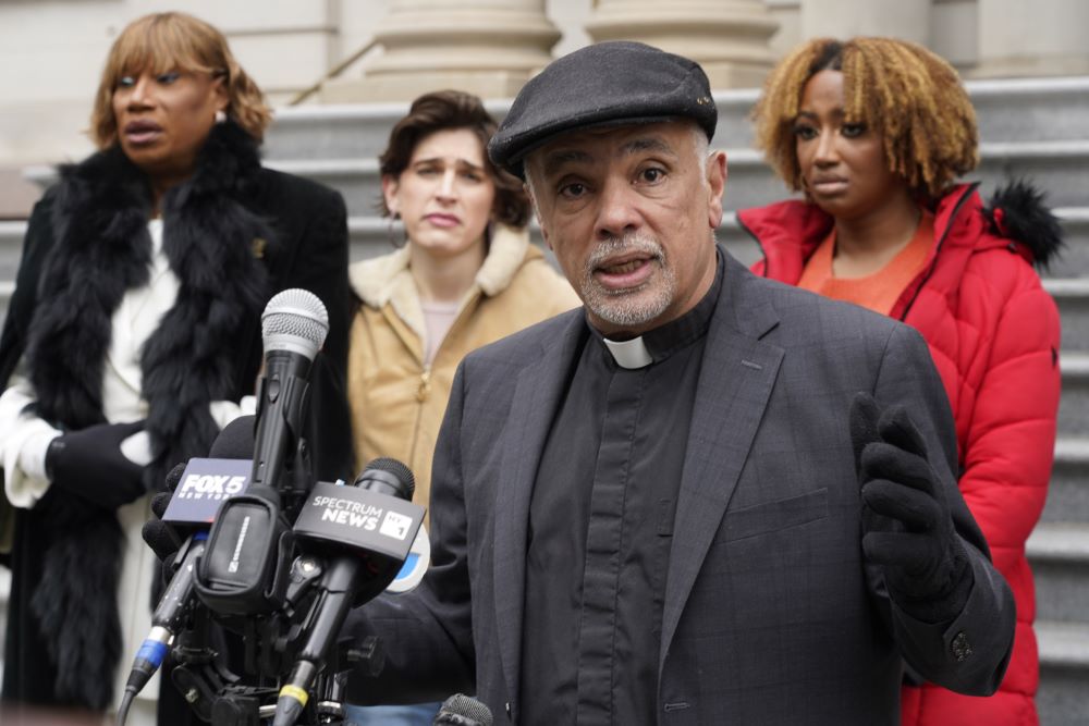 Senior Pastor Samuel Cruz of Trinity Lutheran Church in Brooklyn, N.Y., speaks at a news conference on Feb. 21. LGBTQ+ activists and advocates organized the news conference to demand an apology from the Archdiocese of New York for cutting short the Feb. 15 funeral service for Cecilia Gentili.