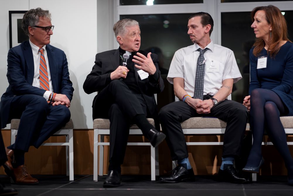 Chicago Cardinal Blase Cupich participated in a panel that included Cook County Sheriff Tom Dart (left); Eric Anderson, who was formerly incarcerated; and Jeanne Bishop, who became a restorative justice advocate after the murder of her sister, brother-in-law and their unborn child.