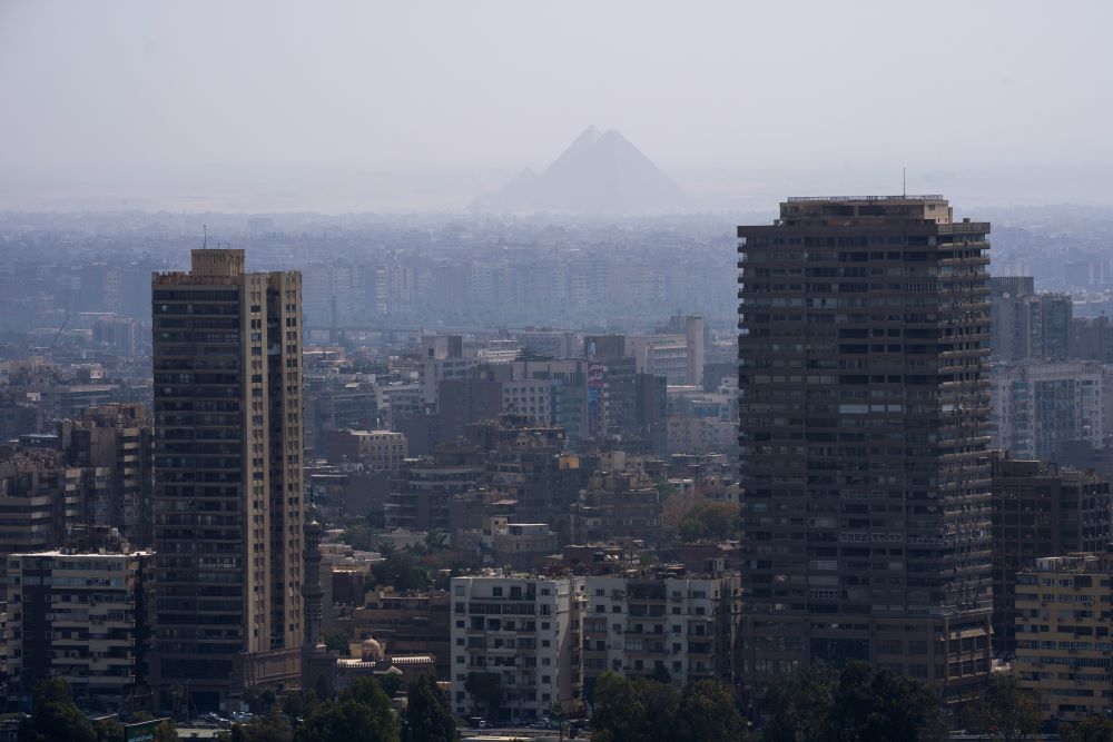 The Pyramids of Giza are shrouded in smog, in Egypt on May 25, 2022. 