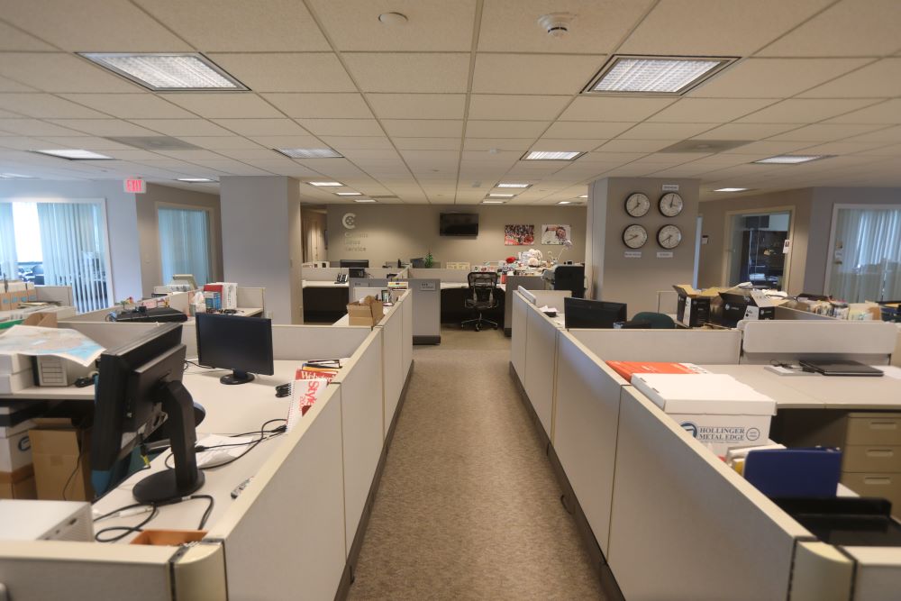 An empty Catholic News Service newsroom is pictured at the headquarters of the U.S. Conference of Catholic Bishops in Washington May 4, 2022.