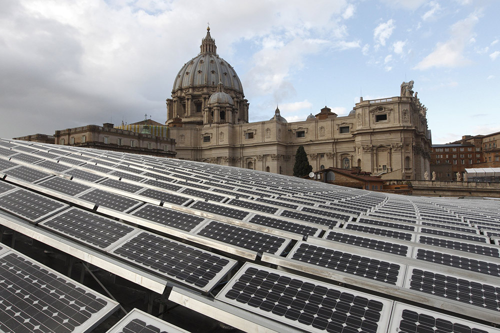 Solar panels are seen on the roof of the Paul VI audience hall at the Vatican in 2010. (CNS/Paul Haring)