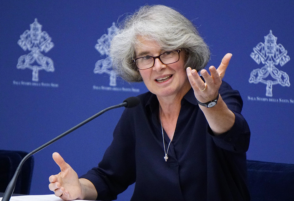 Xavière Missionary Sister Nathalie Becquart, undersecretary of the synod, responds to a question during a news conference at the Vatican Sept. 8, 2023. (CNS/Justin McLellan)