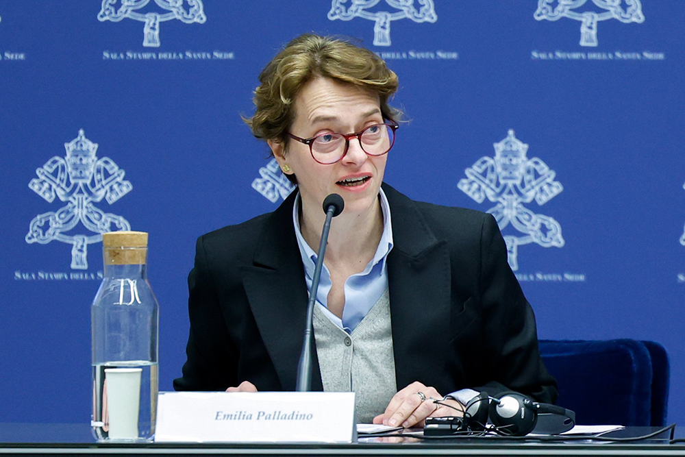Emilia Palladino, a professor in the social sciences department of Rome's Pontifical Gregorian University, speaks during a news conference presenting Pope Francis' Lenten message at the Vatican Feb. 1, 2024. (CNS/Lola Gomez)